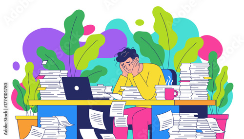 Stressed employee overwhelmed by massive paperwork and office workload