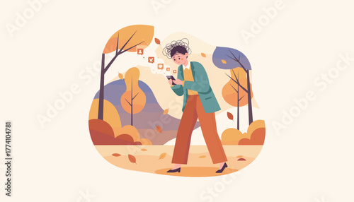 Anxious person walking outdoors overwhelmed by digital stress and constant social media notifications