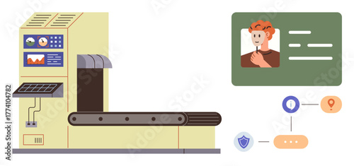Security scanner with conveyor belt and data panels. Identity card verification with portrait, shield, pin, and document icons. Ideal for airport security, access control, identification process