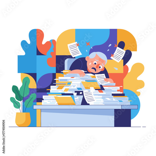 Overworked man drowning in papers Stress heavy workload bureaucracy burnout concept