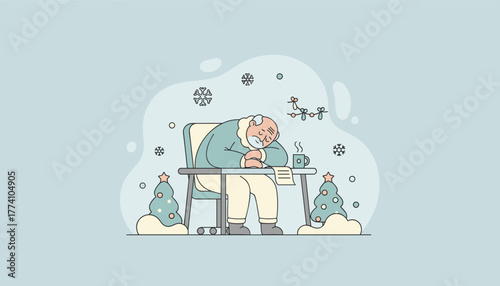 Overworked man falls asleep writing a list during the busy Christmas season Holiday fatigue concept