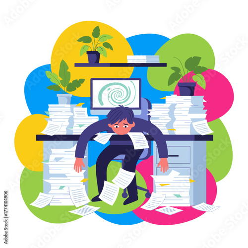 Overwhelmed employee slumps at desk covered in huge piles of documents