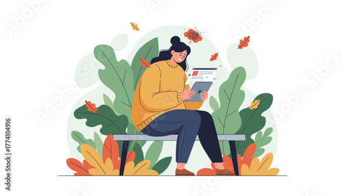 Stressed woman using tablet outdoors surrounded by fall leaves and digital screens