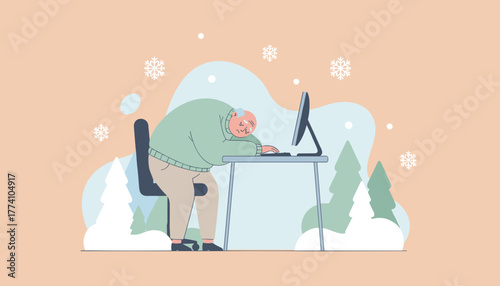 Exhausted man sleeps at his desk in a winter setting Overwork burnout and seasonal fatigue concept
