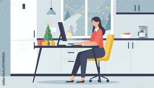 Professional remote work during the holiday season in a cozy home office setting