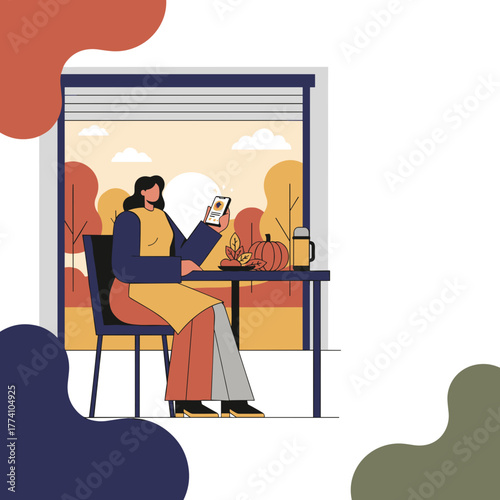 Woman uses smartphone in a cozy room with autumn scenery outside embracing fall leisure time