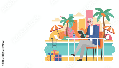 Senior man uses tablet working remotely by the pool in a tropical luxury location Digital nomad retirement