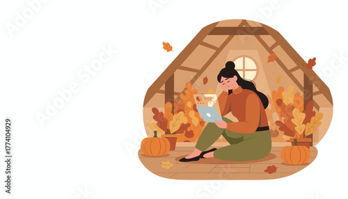 Remote worker analyzing data on a tablet in a cozy autumn attic decorated with pumpkins