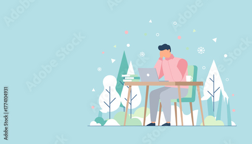 Stressed man remote working on laptop surrounded by a stylized winter landscape illustration