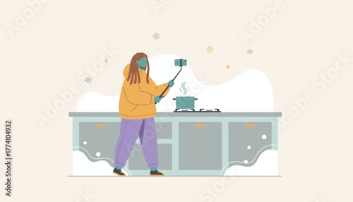 Blogger records winter cooking tutorial on a smartphone Social media food and lifestyle content