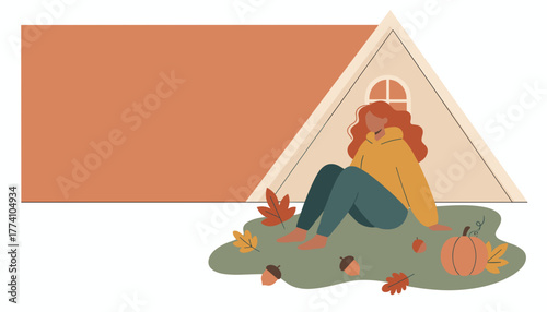 Fall leisure Woman relaxing outside Aframe house with pumpkin and leaves Copy space