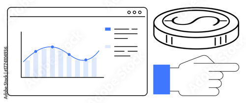 Graph on screen with line and bar chart, coin representing value, pointing hand for guidance. Ideal for business analysis, finance, investment, strategy, economic growth, decision making simple flat
