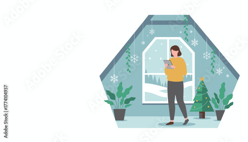 Woman using a tablet by the window in a cozy decorated room during winter holidays