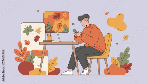 Young man texting on his phone while working remotely in a stylized autumnal home office