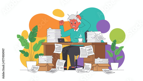 Frustrated employee drowning in paperwork stressed by excessive workload and bureaucracy