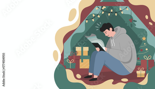 Seasonal stress Lonely man scrolling on tablet during Christmas holiday