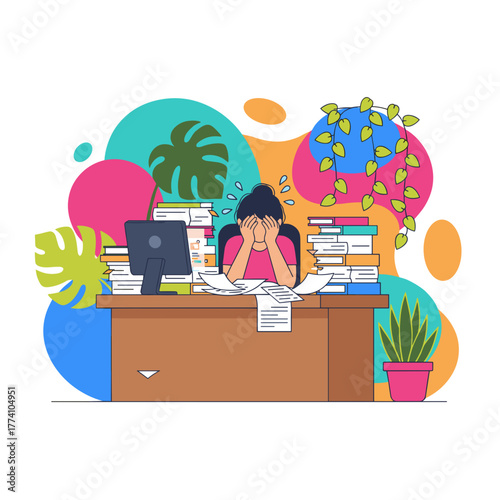 Stressed employee overwhelmed by heavy workload and paperwork at the office desk Burnout concept