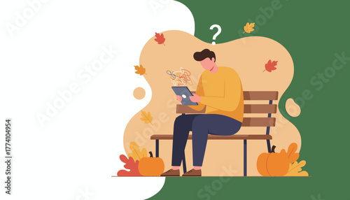 Confused man using a tablet on a park bench during autumn dealing with digital complexity