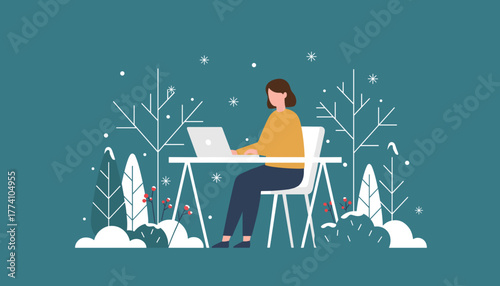 Woman working remotely on laptop in stylized winter scene Freelance productivity and work from home concept