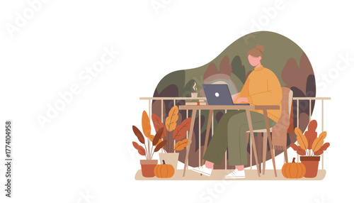 Woman works on laptop on a cozy autumn balcony surrounded by seasonal plants Remote work concept