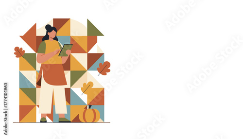 Woman using a tablet against a geometric autumnal background with leaves and pumpkin Fall digital planning