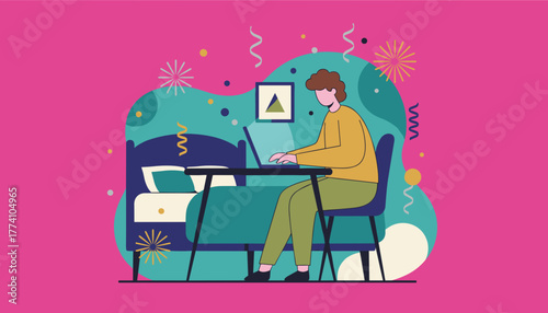 Remote worker uses laptop in a brightly colored fun bedroom illustration