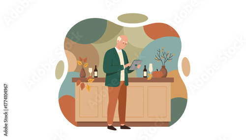 Elderly man uses a digital tablet near an autumndecorated bar counter leisure planning concept