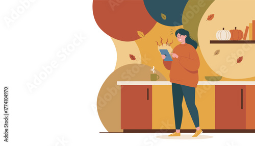 Woman stressed by tablet error in autumn kitchen