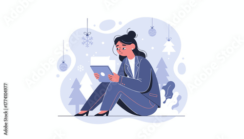 Stressed businesswoman works on tablet during holidays Winter burnout professional pressure and digital isolation