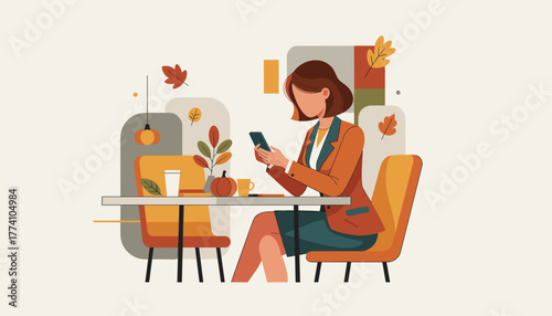 Businesswoman using smartphone at an autumn cafe table working remotely Professional communication concept