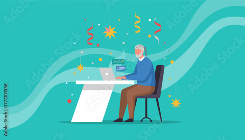 Senior man works on a laptop celebrating business success with festive background elements