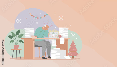 Stressed employee working late amid huge piles of documents during the Christmas season
