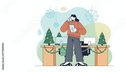 Woman works in a festive office multitasking with phone and tablet during holidays