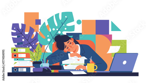 Overworked employee sleeping on a pile of documents symbolizing stress and corporate burnout