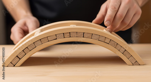 Assembling a Wooden Arch Bridge Structure with Small Blocks.