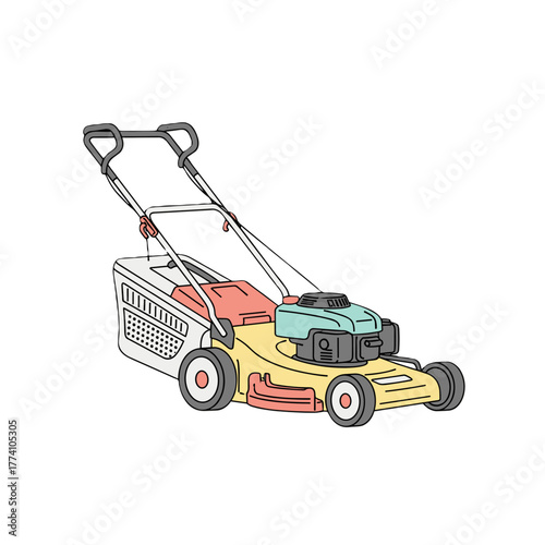 Lawn mower in colorful design for gardening and landscaping use  