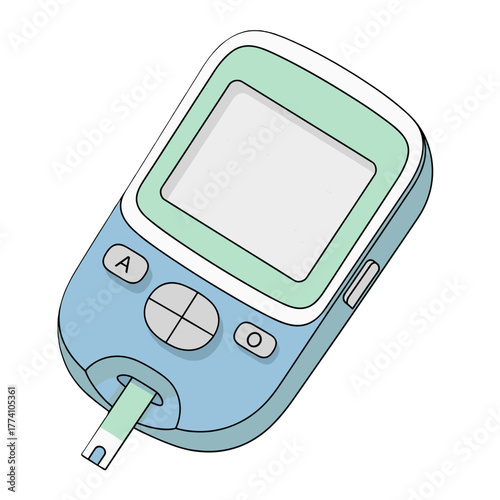 Glucometer with test strip displayed in light blue and green design  