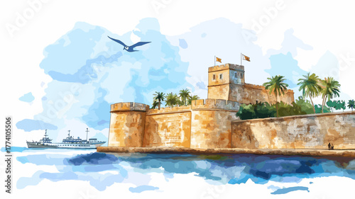 Castillo San Felipe de Barajas. Castillo San Felipe de Barajas hand drawn watercolor illustration