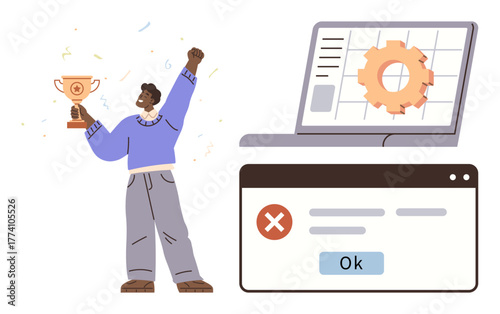 Person raising trophy in celebration, laptop interface displaying gears and error popup. Ideal for success, problem-solving, victory, motivation, resilience, productivity teamwork. Simple flat
