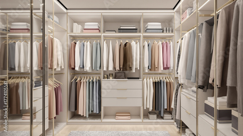 Spacious modern walk-in closet with stylish storage, neatly organized clothes, and integrated lighting