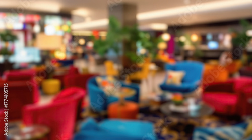 Wallpaper Mural Colorful blurred modern hotel lobby lounge with vibrant seating and warm ambient lighting Torontodigital.ca