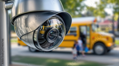 Security camera overlooking school bus with children, emphasizing student safety and surveillance