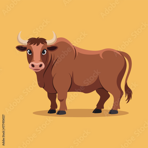 Illustration of a brown bull with horns standing on a yellow background vector art
