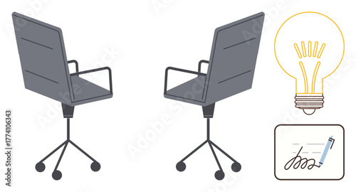 Two ergonomic office chairs, a bright light bulb, and a signed document symbolize teamwork, creativity, and productivity. Ideal for business, innovation, collaboration, negotiation workspace ideas