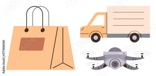 Shopping bag, delivery truck, and quadcopter signify shopping, delivery, technology, and innovation. Ideal for themes thumbs up e-commerce, transport, logistics efficiency automation consumerism