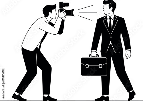 Paparazzi photographer taking picture of businessman with briefcase illustration