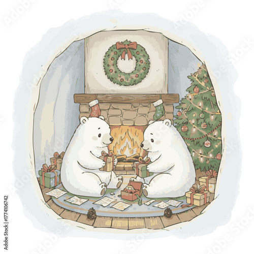 Cozy Christmas Scene with Cute Polar Bear Pair Opening Gifts by the Fireplace and Decorated Tree