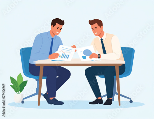 Two colleagues discussing financial reports at a desk
