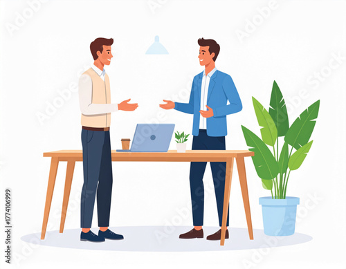 Two businessmen shaking hands over a desk with a laptop