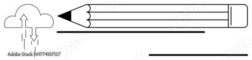 Pencil pointing forward next to cloud symbol with vertical arrows signifying data sync. Ideal for creativity, writing, education, technology, innovation, cloud storage, ideas. Minimal flat metaphor